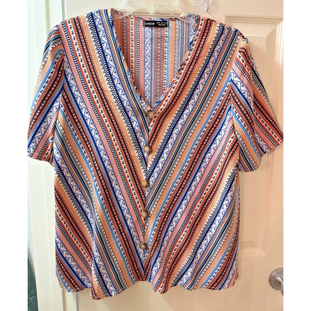SheIn Plus Size Blouse XL Multicolor Geometric V-Neck Button Front Short Sleeve